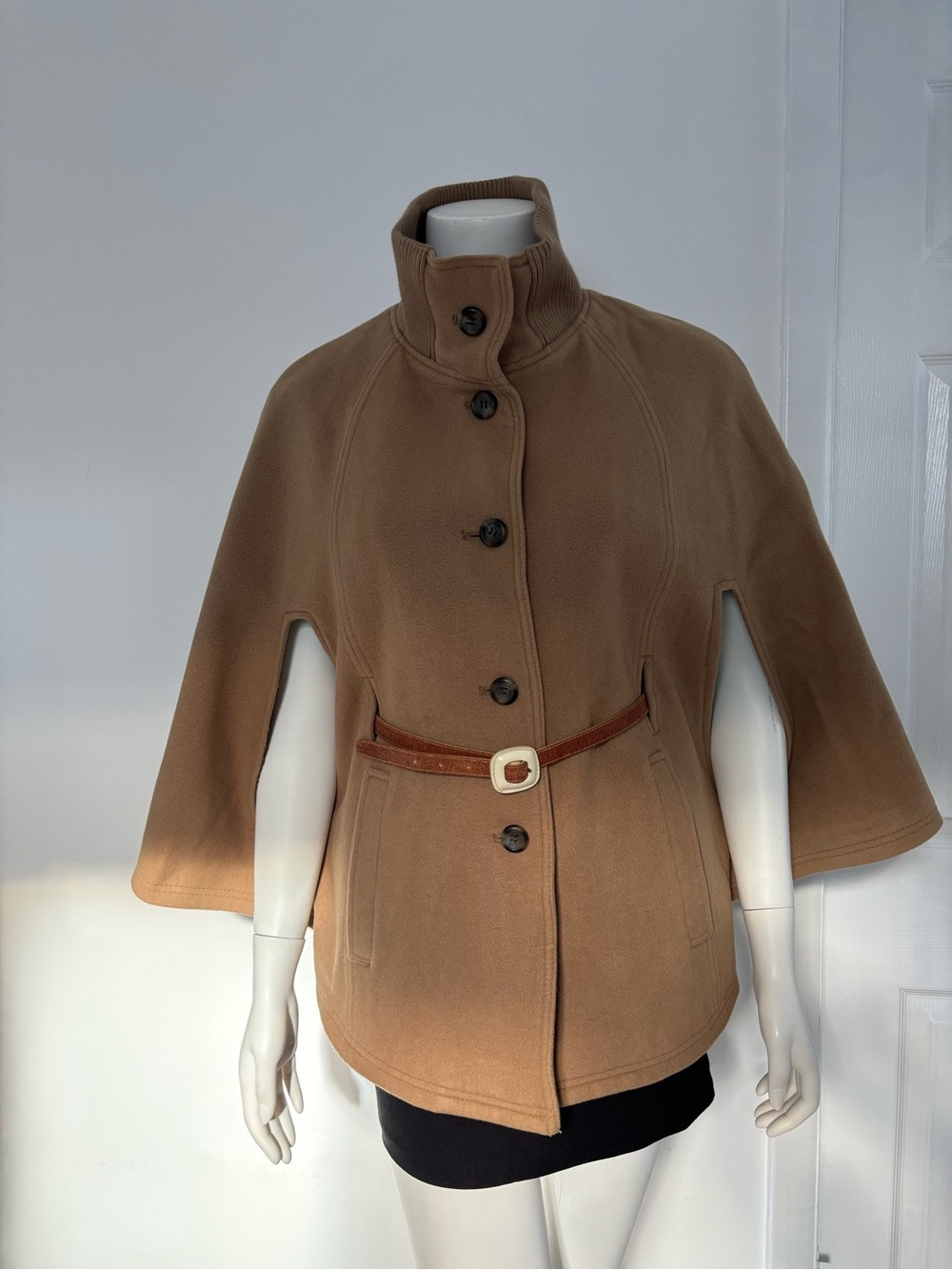Cole Haan Camel Wool Blend Belted Cape Poncho